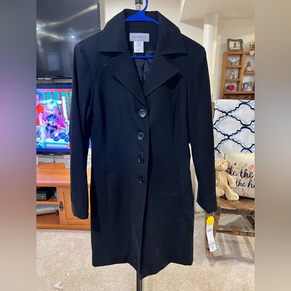NWT Sharon Young Black Trench Coat Wool-Blend Tailored